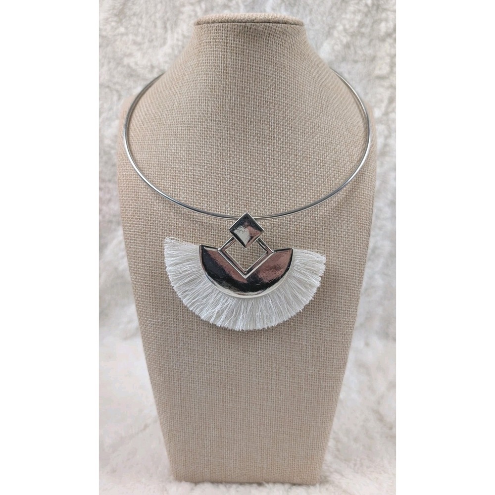 1946 Silver Tone Geometric Statement Necklace White Fringe Tassel Collar Choker